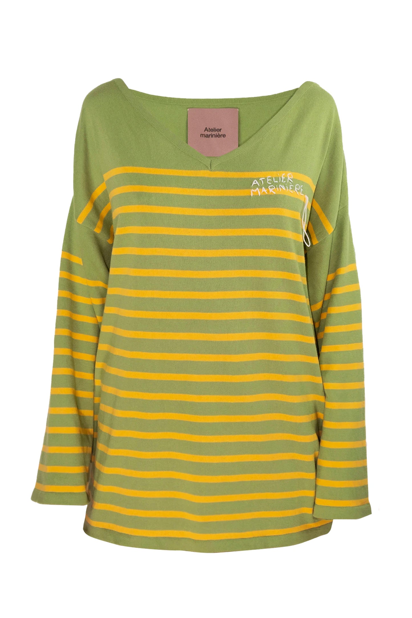 Women's Striped Breton Shirt - 100% Organic Cotton - V-Neck - Green / Mango Stripes